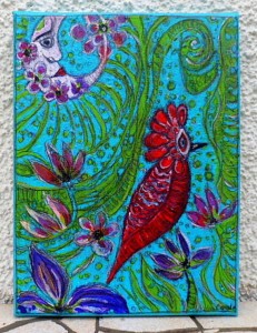 Peinture Oiseau rêveur dans un jardin exotique de fleurs